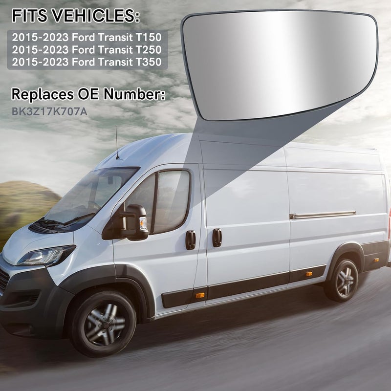 TOP-MAX Driver Left Side Lower Mirror Glass fit Ford Transit T150 250 350 2015 2016 2017 2018 2019 2020 2021 2022 2023 MK8, Left Side View Convex Mirror Glass with Backing Plate - Image 2